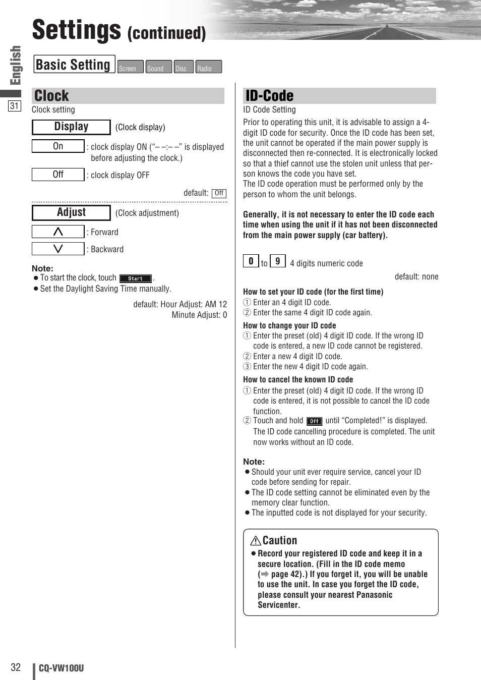 Settings, Continued), Id-code | Clock, Basic setting, Englishenglish, Adjust, Display caution | Panasonic CQ-VW100U User Manual | Page 32 / 48