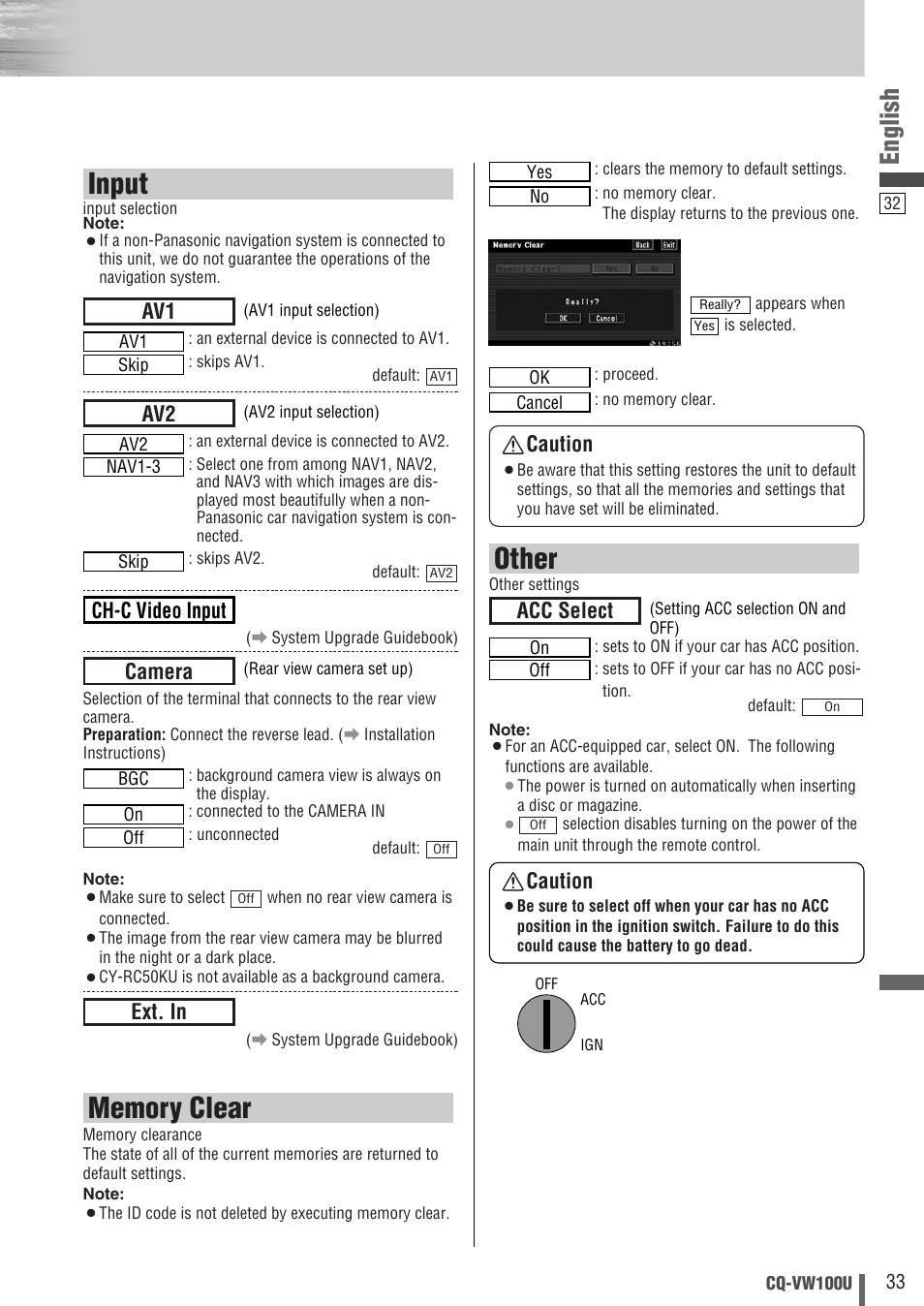 Other, Input, English | Acc select caution, Caution, Ext. in, Camera ch-c video input | Panasonic CQ-VW100U User Manual | Page 33 / 48