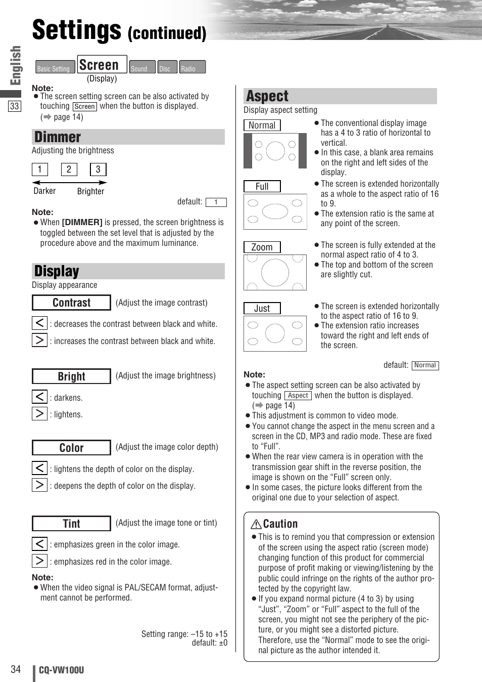 Settings, Continued), Display | Aspect, Dimmer, Screen, English, Contrast, Bright, Color | Panasonic CQ-VW100U User Manual | Page 34 / 48