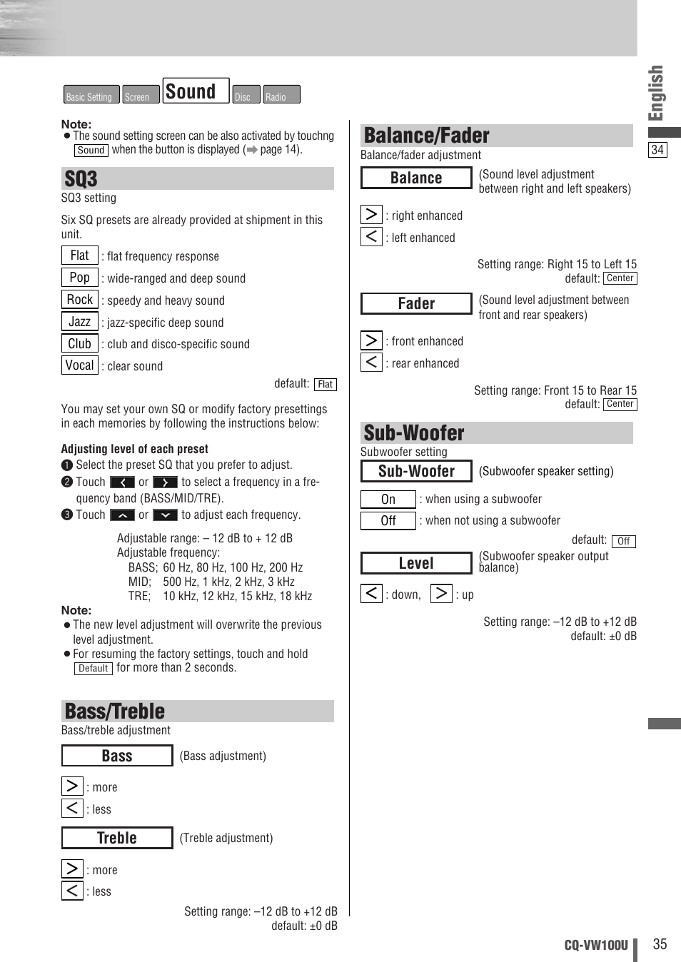 Bass/treble, Balance/fader, Sub-woofer | Sound, English, Treble, Bass, Level, Fader, Balance | Panasonic CQ-VW100U User Manual | Page 35 / 48