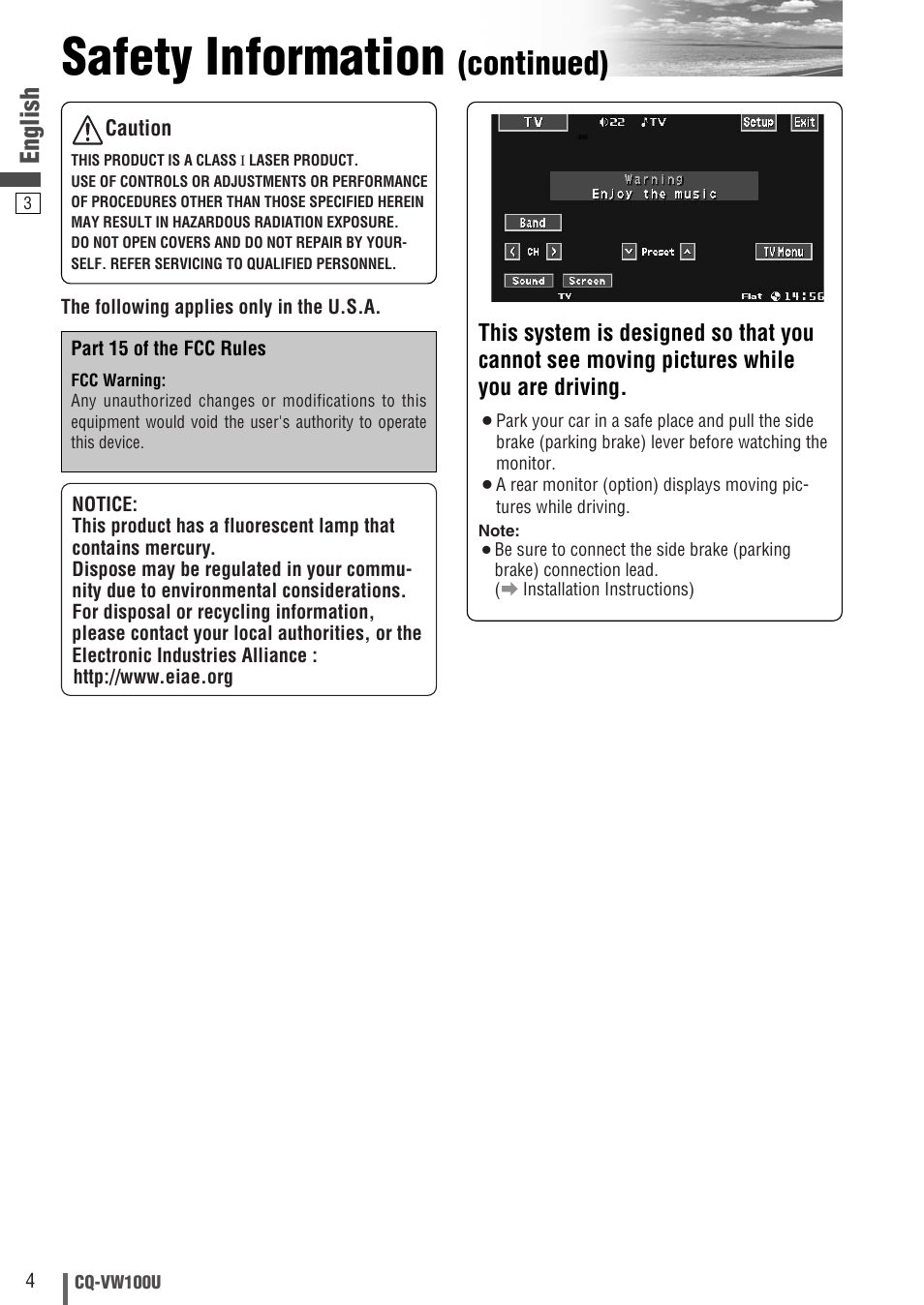 Safety information, Continued), English | Panasonic CQ-VW100U User Manual | Page 4 / 48
