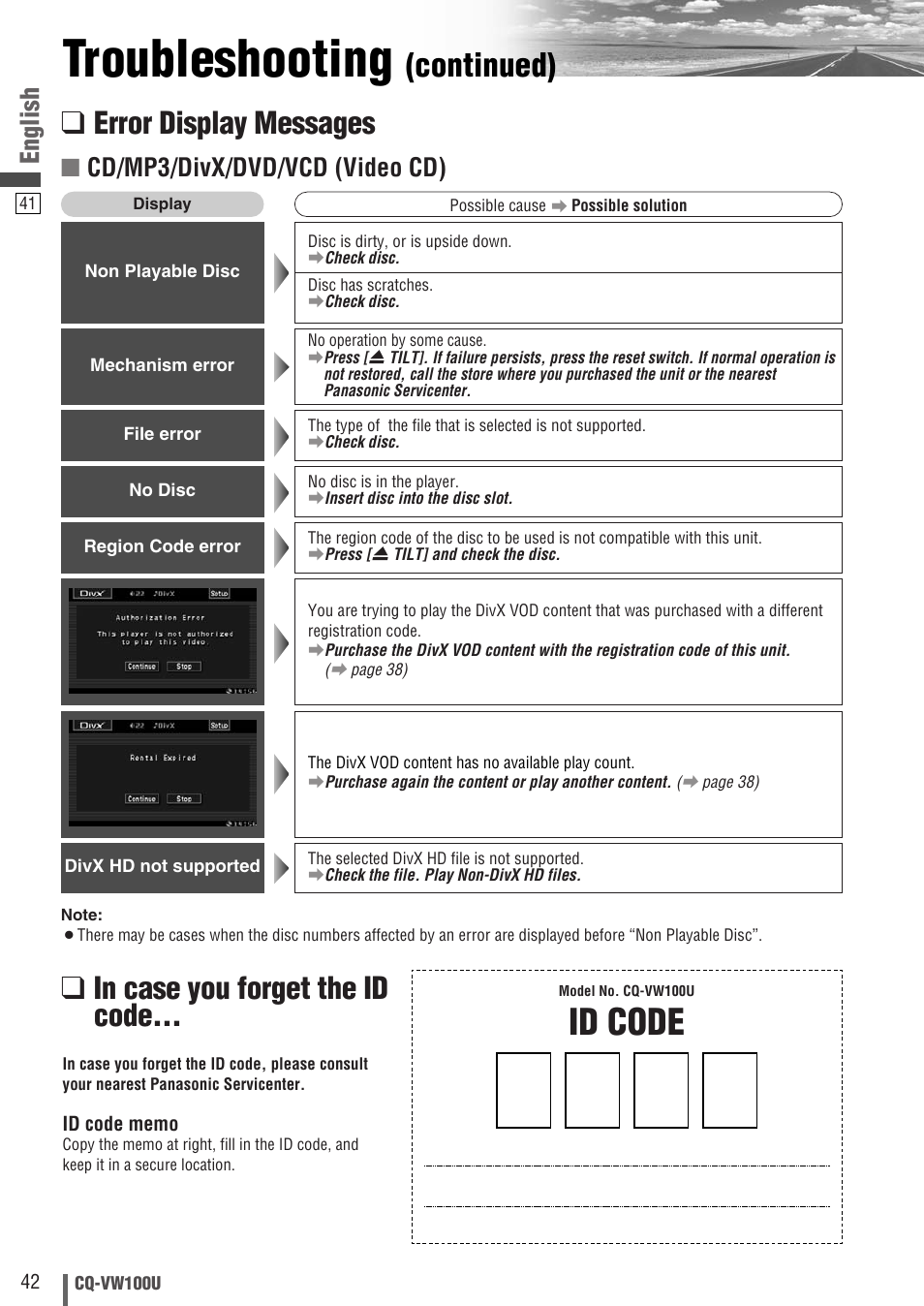 Troubleshooting, Id code, Continued) | Error display messages, English, Cd/mp3/divx/dvd/vcd (video cd) | Panasonic CQ-VW100U User Manual | Page 42 / 48