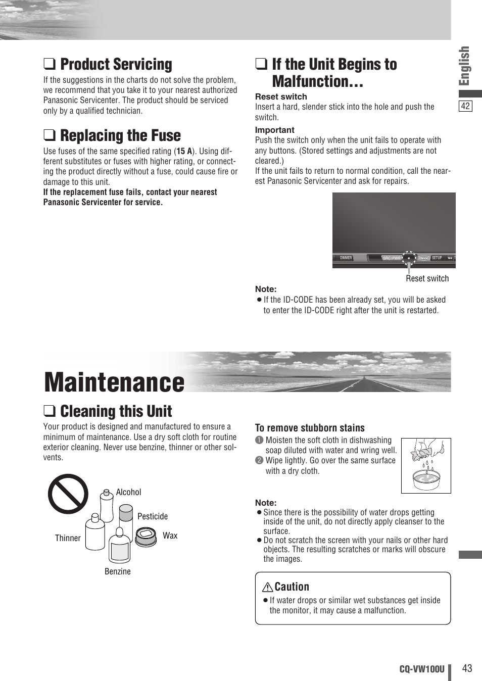 Maintenance, Product servicing, Replacing the fuse | If the unit begins to malfunction, Cleaning this unit, English | Panasonic CQ-VW100U User Manual | Page 43 / 48