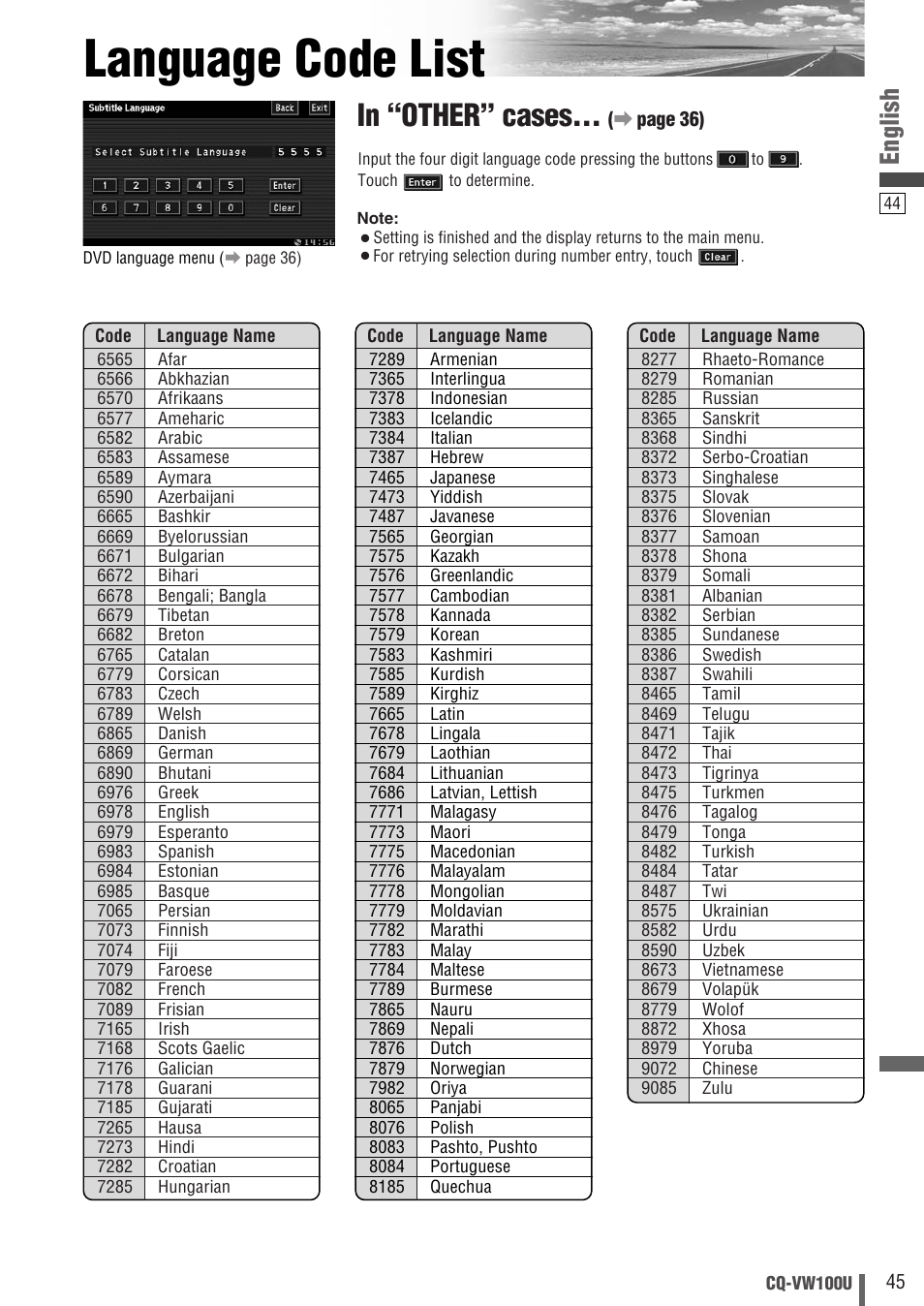 Language code list, English | Panasonic CQ-VW100U User Manual | Page 45 / 48