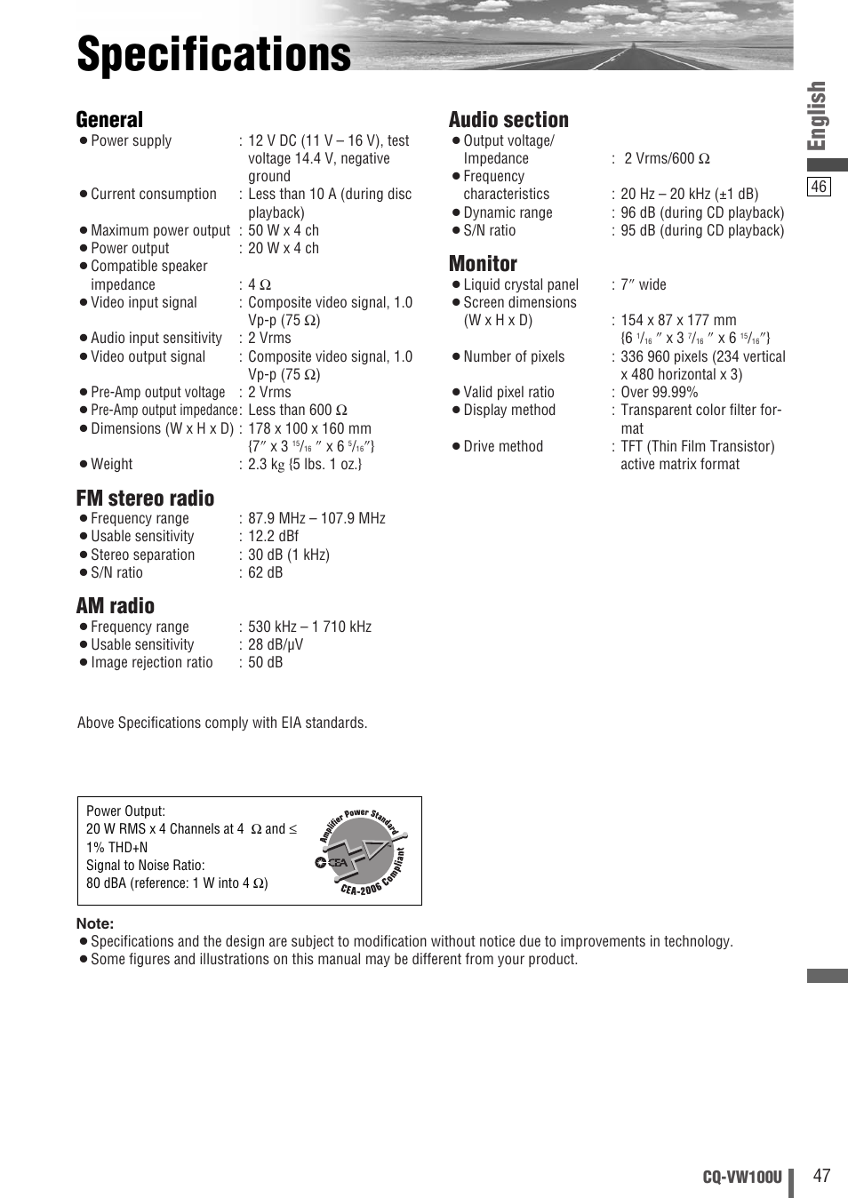 Specifications, English, General | Fm stereo radio, Am radio, Monitor | Panasonic CQ-VW100U User Manual | Page 47 / 48