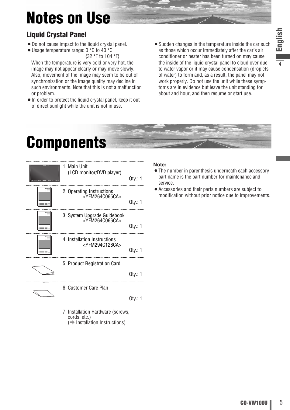 Notes on use, Components, English | Liquid crystal panel | Panasonic CQ-VW100U User Manual | Page 5 / 48