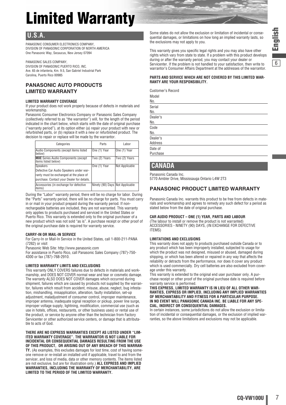Limited warranty, English, U.s.a | Canada, Cq-vw100u | Panasonic CQ-VW100U User Manual | Page 7 / 48