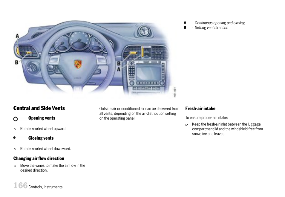 Central and side vents, Fresh-air intake | Porsche 911 Carrera User Manual | Page 168 / 355