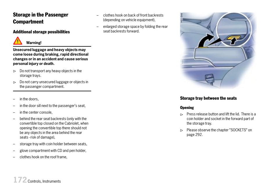 Storage in the passenger compartment | Porsche 911 Carrera User Manual | Page 174 / 355