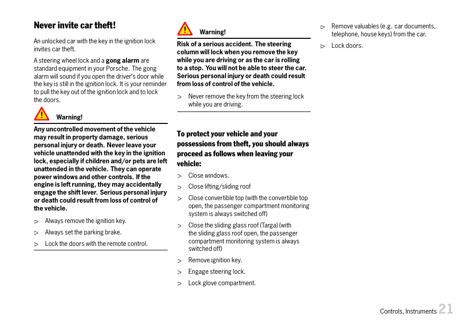Never invite car theft | Porsche 911 Carrera User Manual | Page 23 / 355