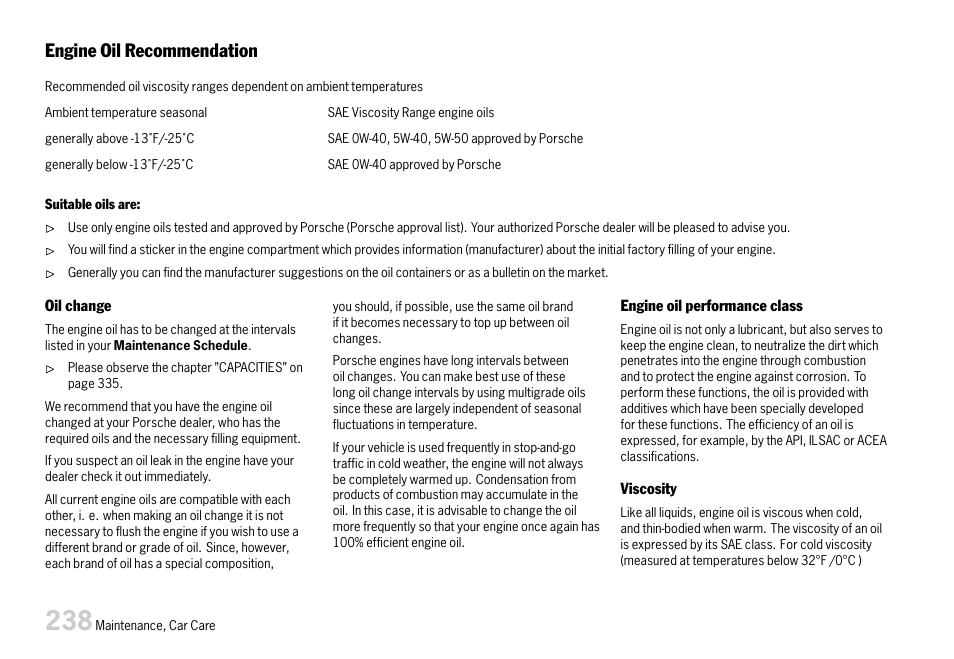 Engine oil recommendation | Porsche 911 Carrera User Manual | Page 240 / 355