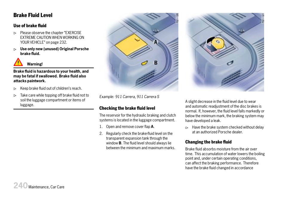 Brake fluid level | Porsche 911 Carrera User Manual | Page 242 / 355