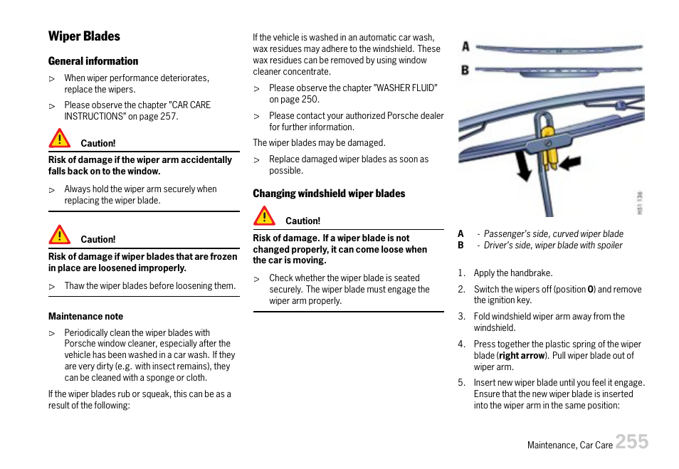 Wiper blades | Porsche 911 Carrera User Manual | Page 257 / 355