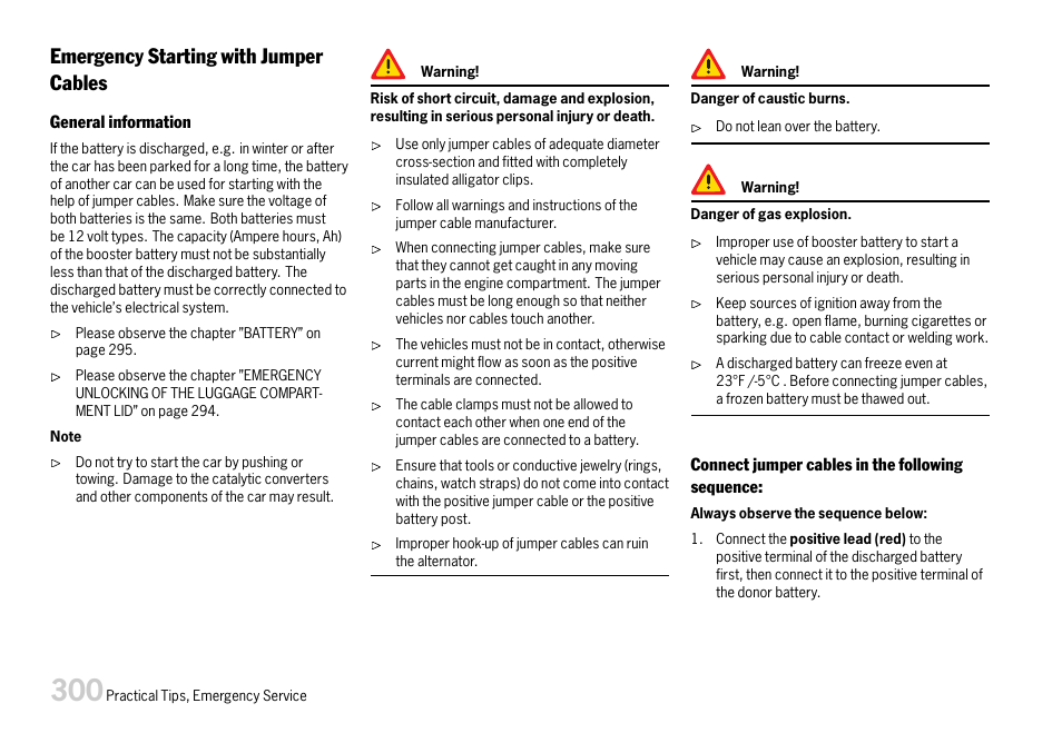 Please observe the chapter ”emergency, Emergency starting with jumper cables | Porsche 911 Carrera User Manual | Page 302 / 355