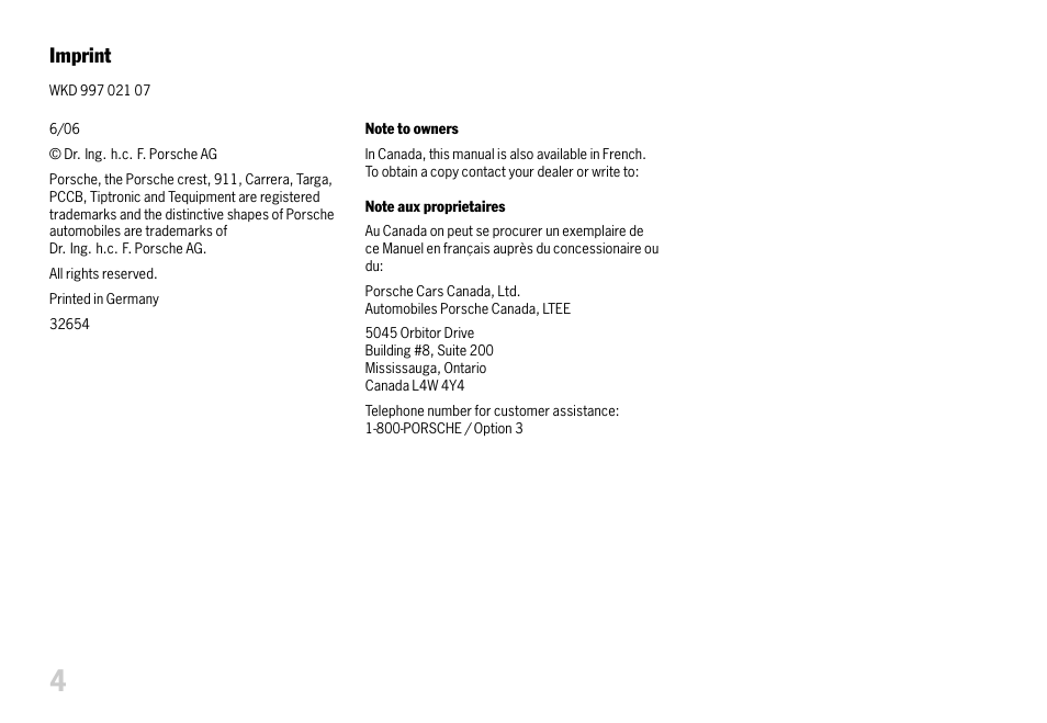 Imprint | Porsche 911 Carrera User Manual | Page 6 / 355