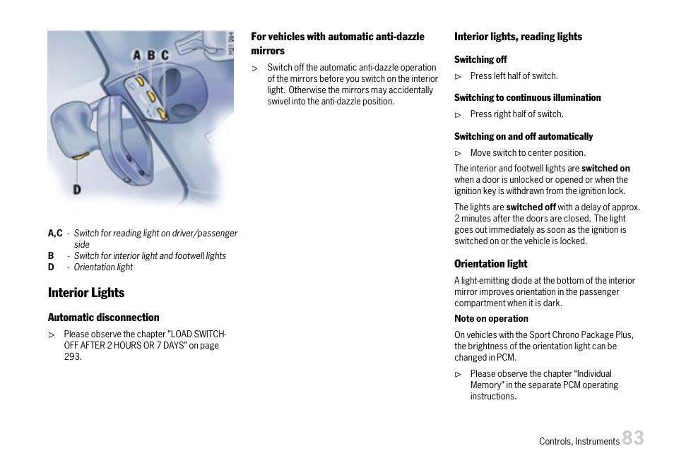 Interior lights | Porsche 911 Carrera User Manual | Page 85 / 355