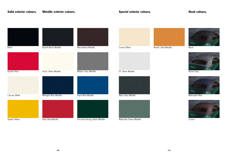 Solid exterior colours. metallic exterior colours, Special exterior colours. hood colours | Porsche 911 User Manual | Page 67 / 87