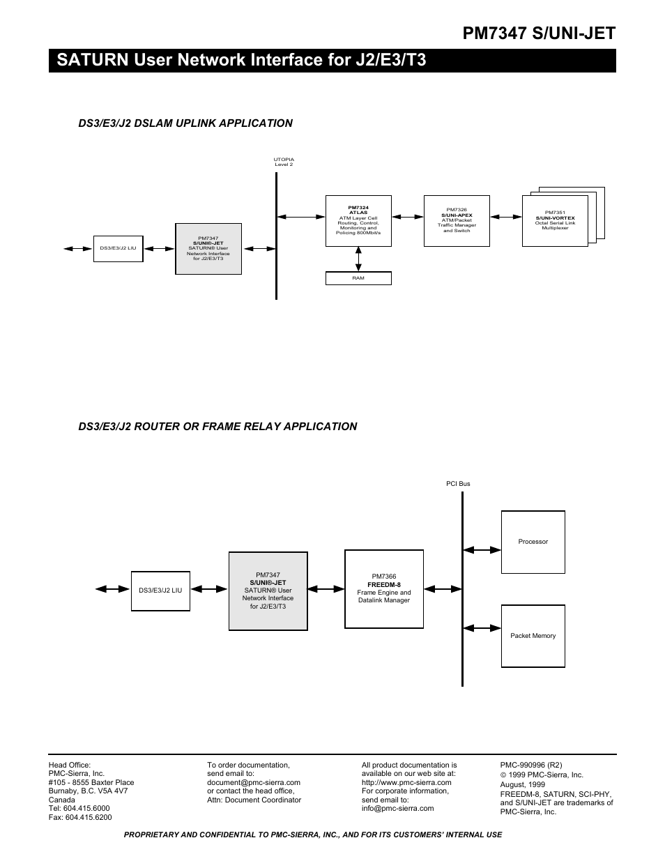 Ds3/e3/j2 dslam uplink application, Ds3/e3/j2 router or frame relay application | PMC-Sierra PM7347 User Manual | Page 2 / 2