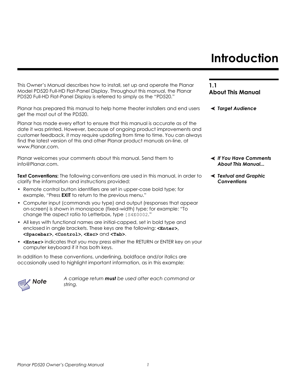 Introduction, 1 about this manual, Target audience | If you have comments about this manual, Textual and graphic conventions, Text conventions, About this manual, Prel imina ry | Planar FULL-HD PD520 User Manual | Page 13 / 66