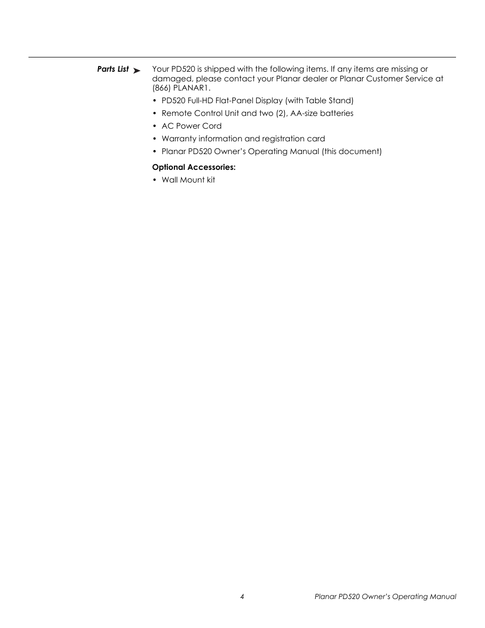 Parts list, Optional accessories, Prel imina ry | Planar FULL-HD PD520 User Manual | Page 16 / 66