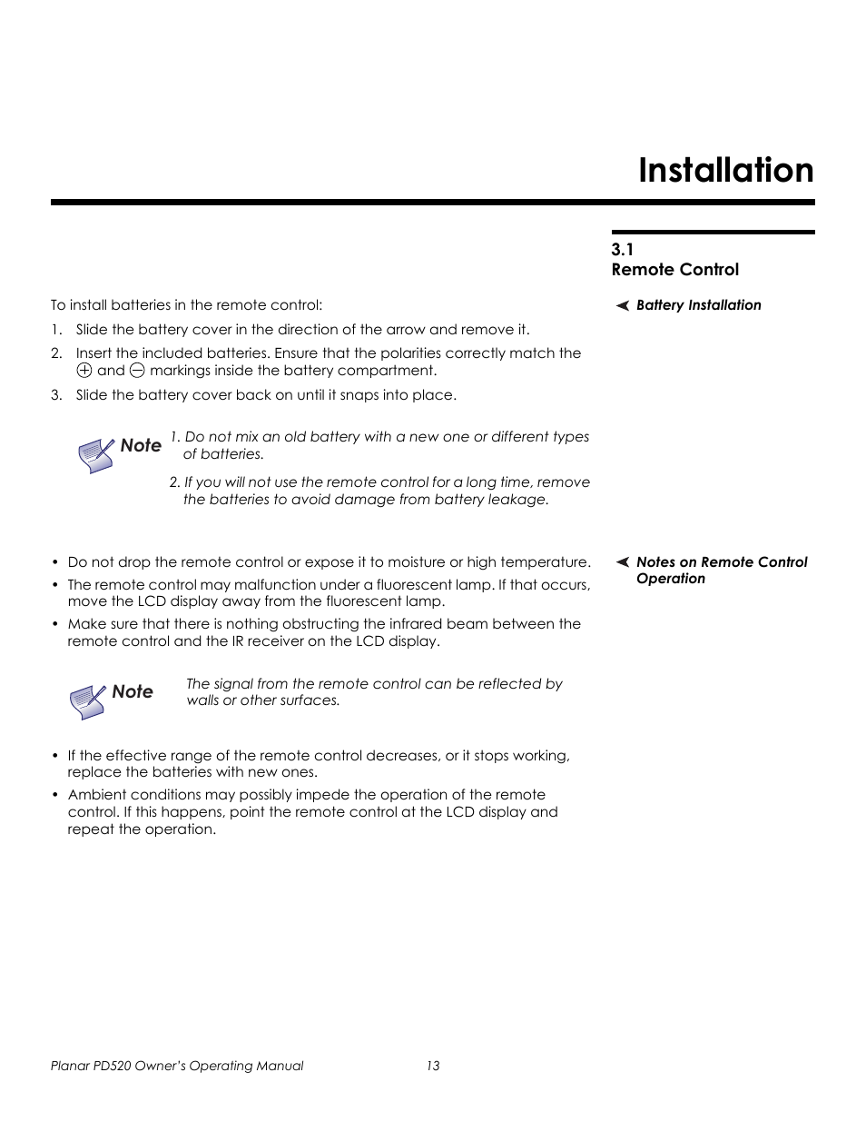 Installation, 1 remote control, Battery installation | Notes on remote control operation, Remote control, Prel imina ry | Planar FULL-HD PD520 User Manual | Page 25 / 66