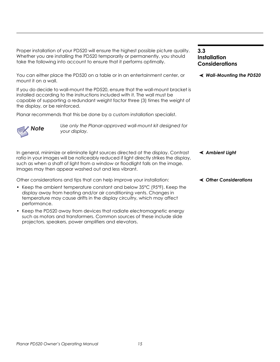3 installation considerations, Wall-mounting the pd520, Ambient light | Other considerations, Installation considerations, Prel imina ry | Planar FULL-HD PD520 User Manual | Page 27 / 66