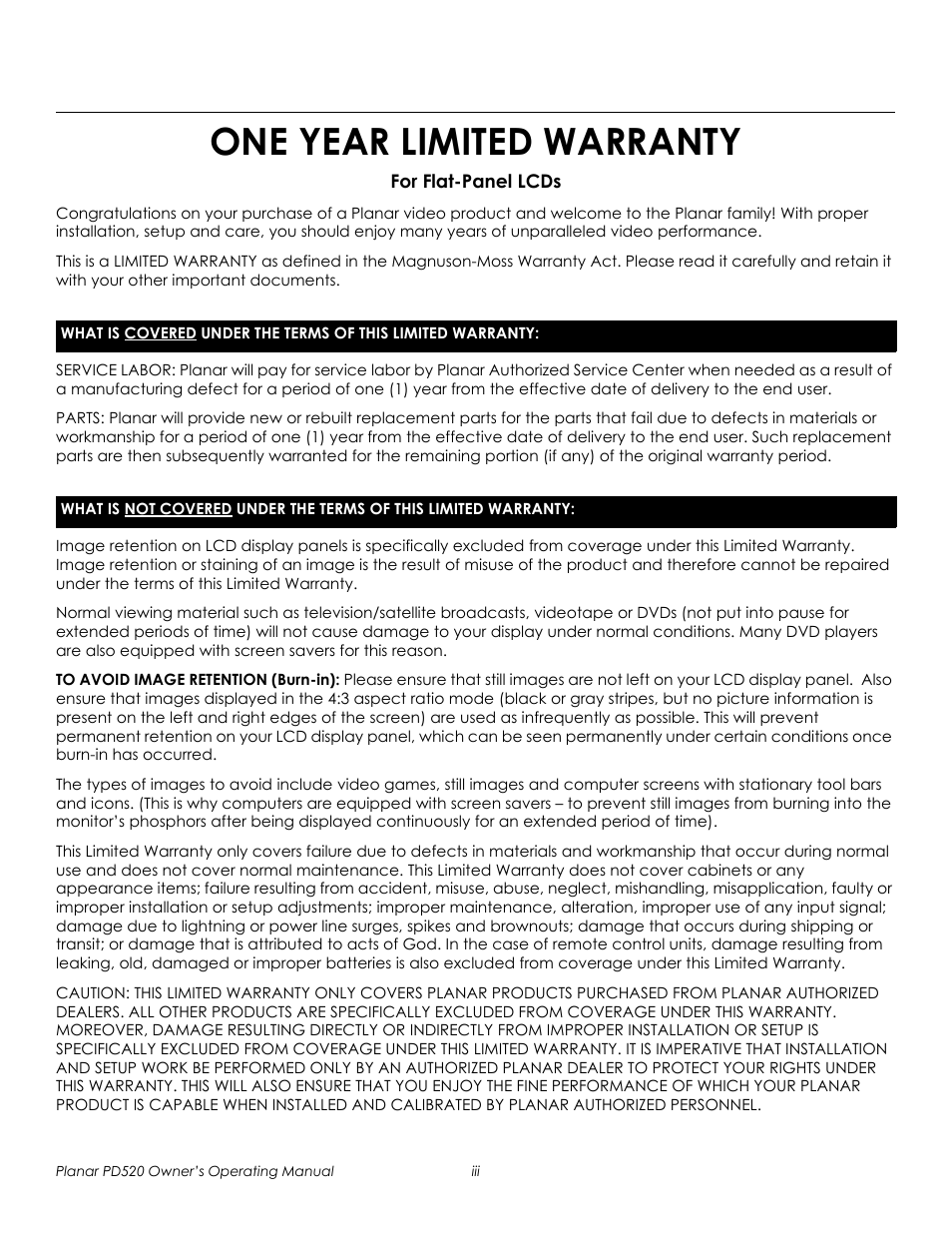 One year limited warranty, Prel imina ry | Planar FULL-HD PD520 User Manual | Page 3 / 66