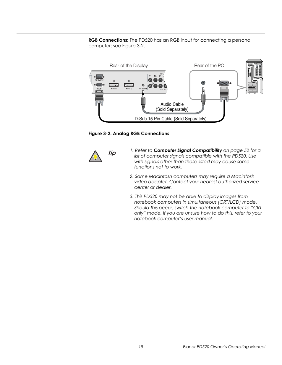 Rgb connections, Figure 3-2 . analog rgb connections, 2. analog rgb connections | Prel imina ry | Planar FULL-HD PD520 User Manual | Page 30 / 66