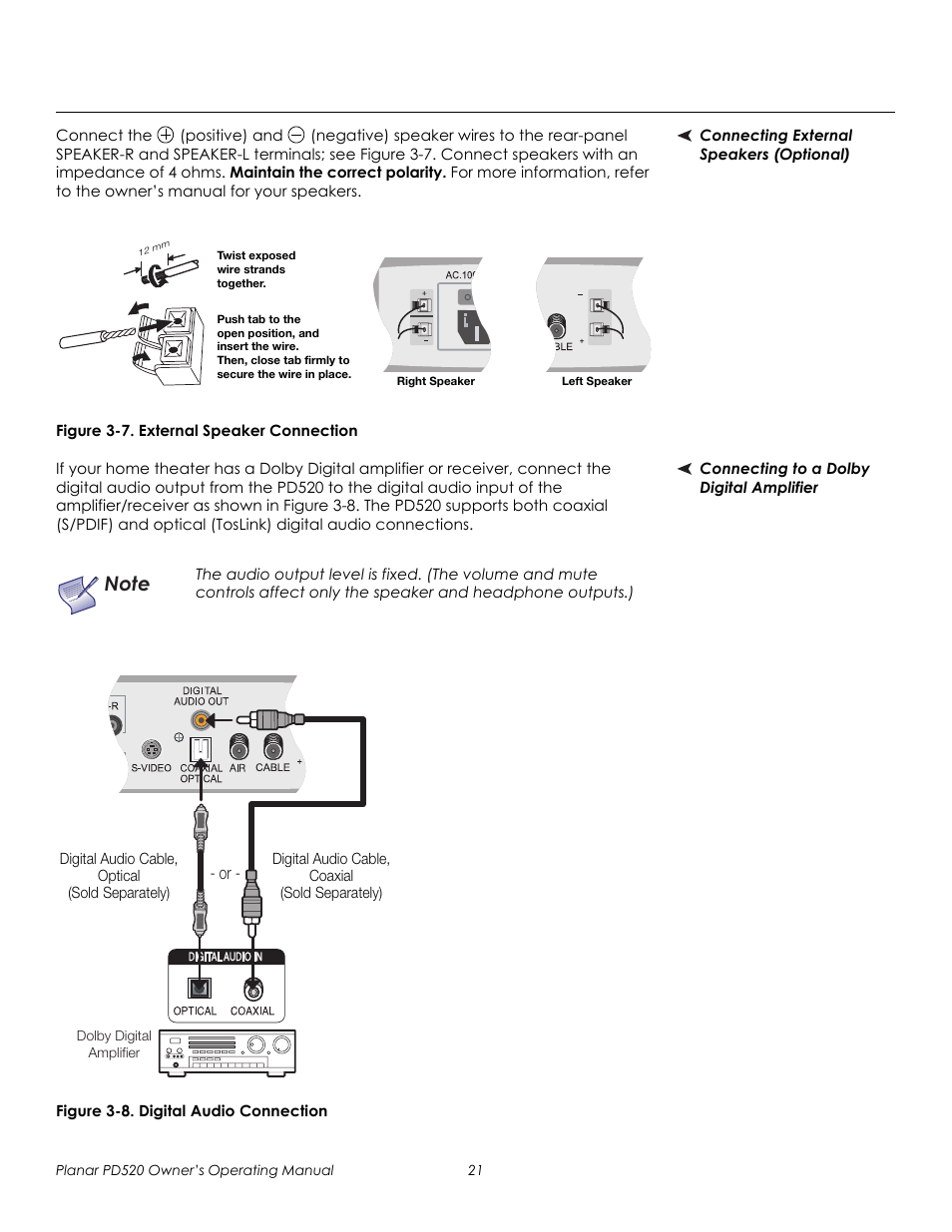 Connecting external speakers (optional), Figure 3-7 . external speaker connection, Connecting to a dolby digital amplifier | Figure 3-8 . digital audio connection, Prel imina ry | Planar FULL-HD PD520 User Manual | Page 33 / 66