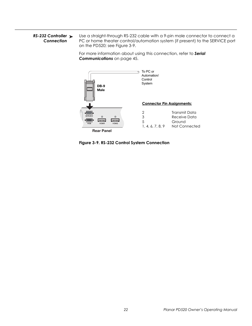 Rs-232 controller connection, Figure 3-9 . rs-232 control system connection, 9. rs-232 control system connection | Prel imina ry | Planar FULL-HD PD520 User Manual | Page 34 / 66