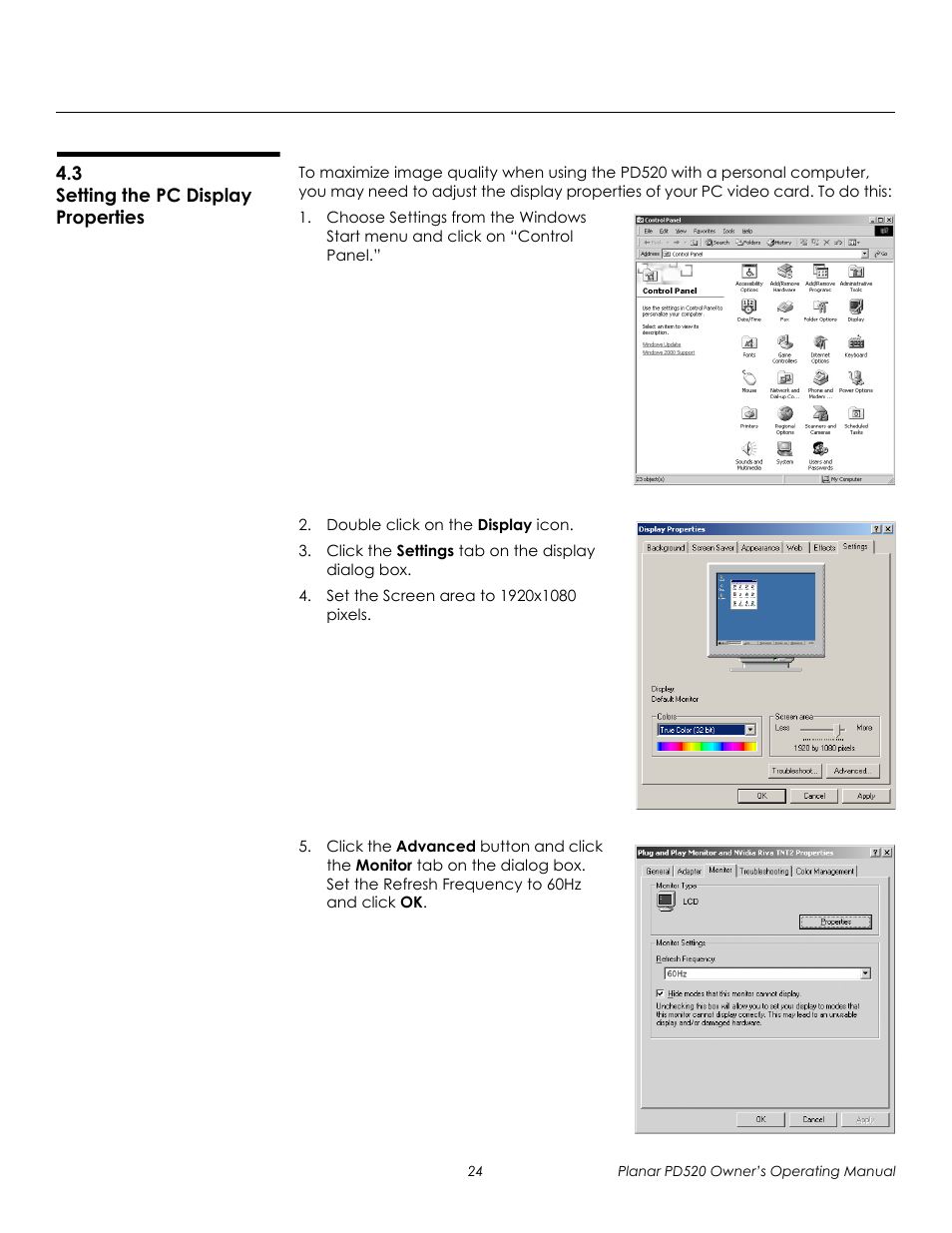 3 setting the pc display properties, Setting the pc display properties, Prel imina ry | Planar FULL-HD PD520 User Manual | Page 36 / 66