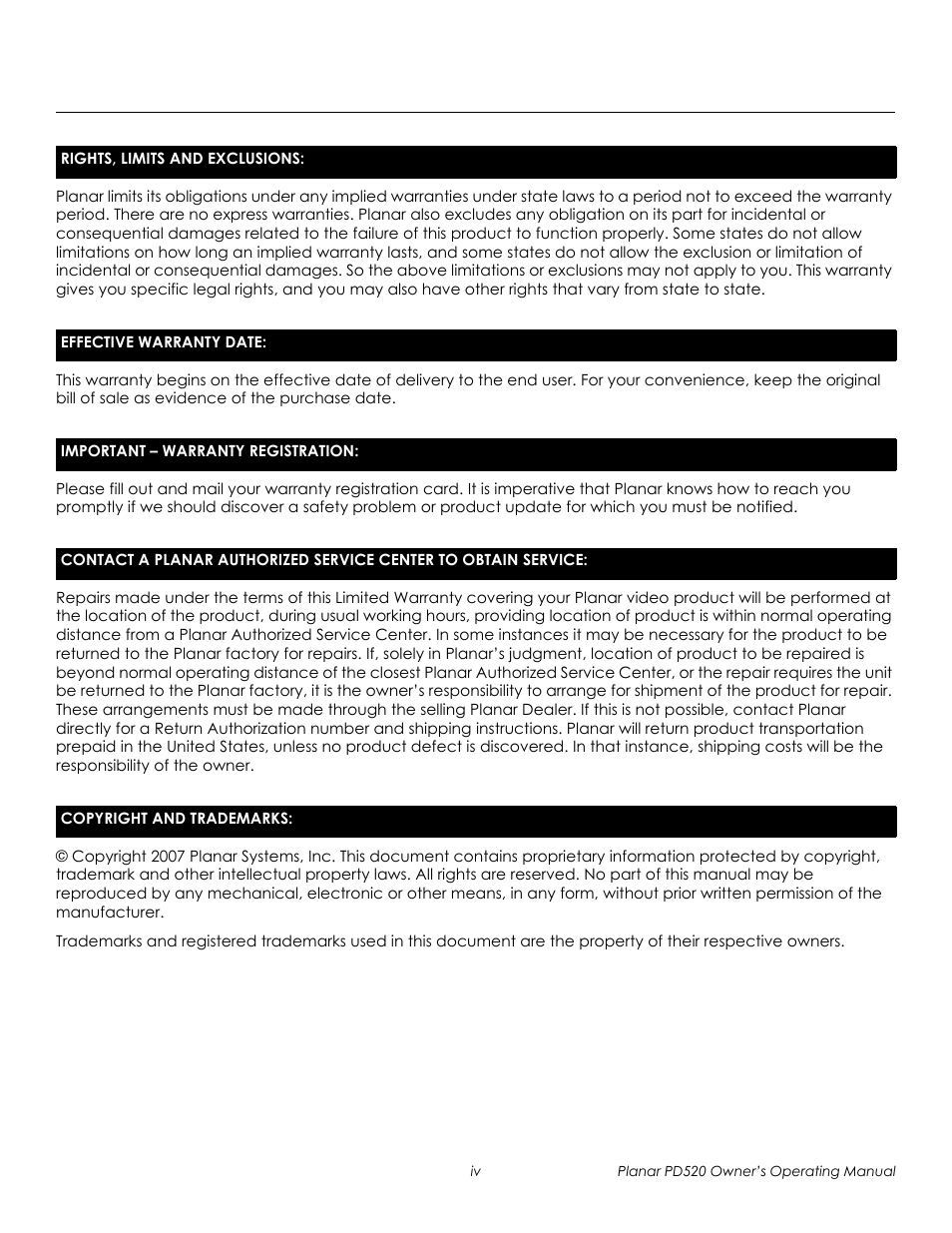 Prel imina ry | Planar FULL-HD PD520 User Manual | Page 4 / 66