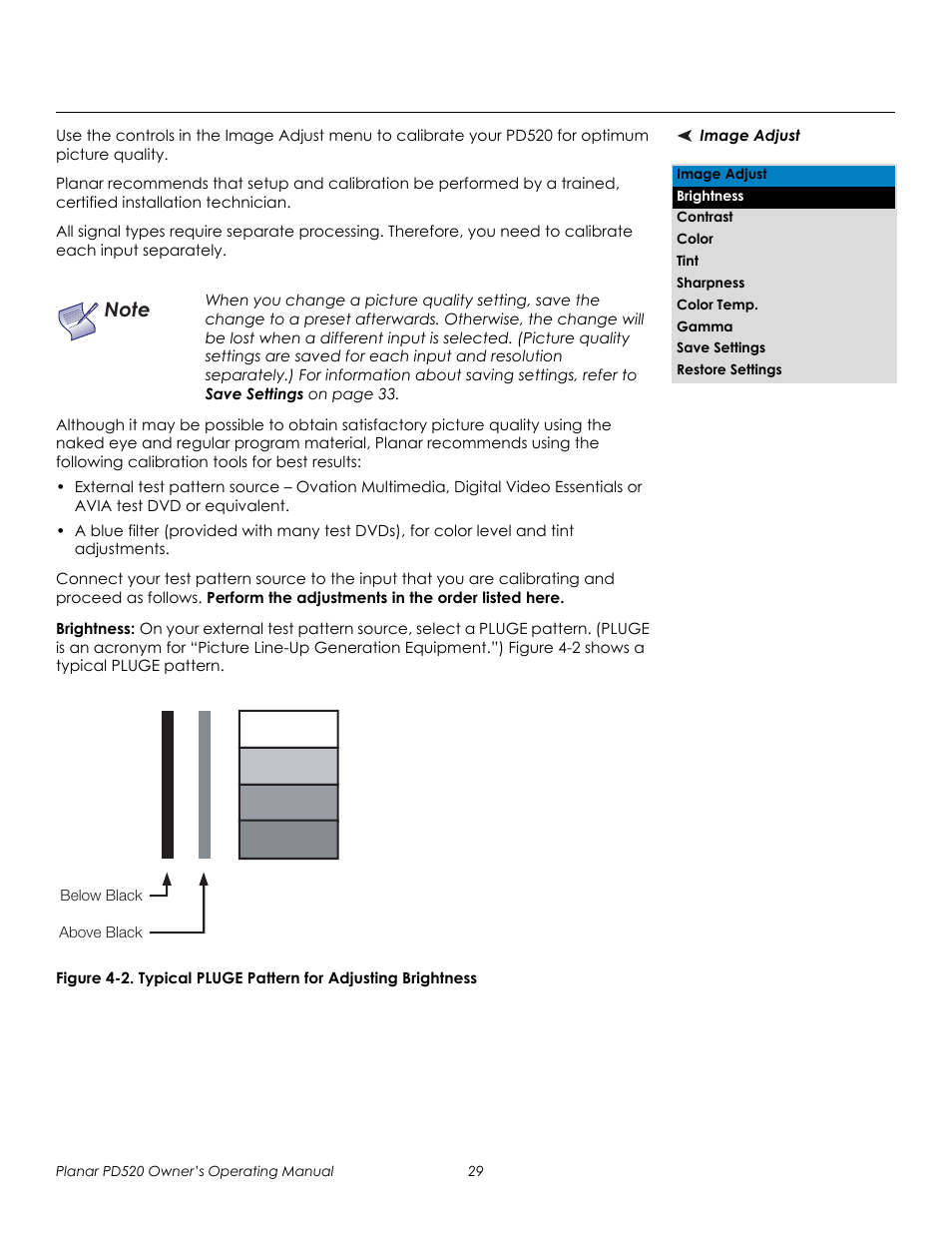 Image adjust, Brightness, Mina | 2. typical pluge pattern for adjusting brightness, Prel imina ry | Planar FULL-HD PD520 User Manual | Page 41 / 66