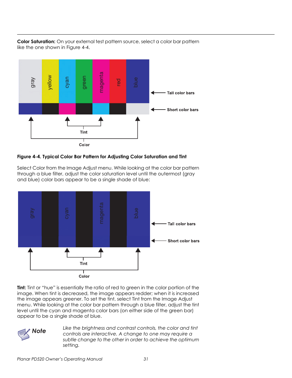 Color saturation, Tint, Prel imina ry | Planar FULL-HD PD520 User Manual | Page 43 / 66