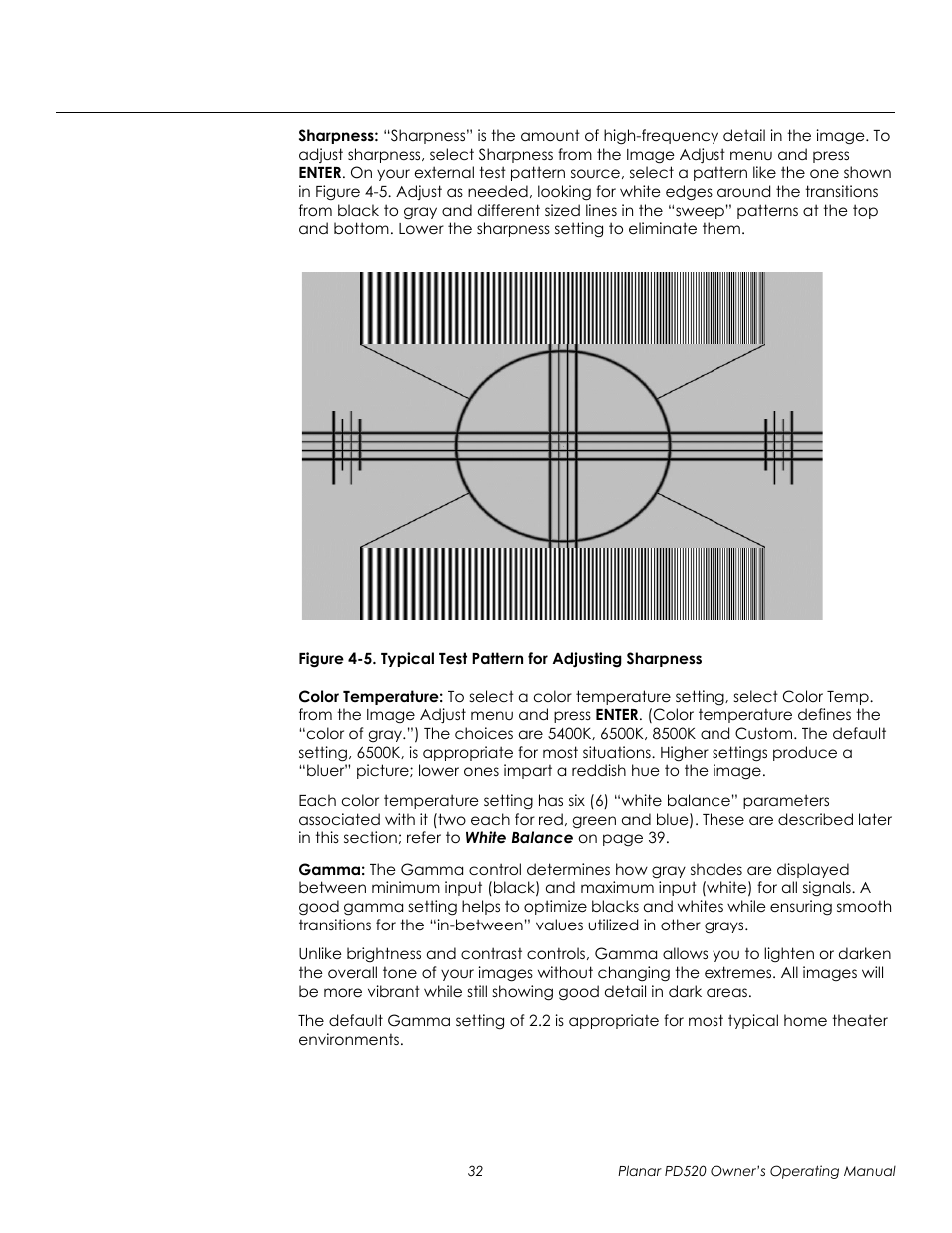 Sharpness, Color temperature, Gamma | 5. typical test pattern for adjusting sharpness, Prel imina ry | Planar FULL-HD PD520 User Manual | Page 44 / 66