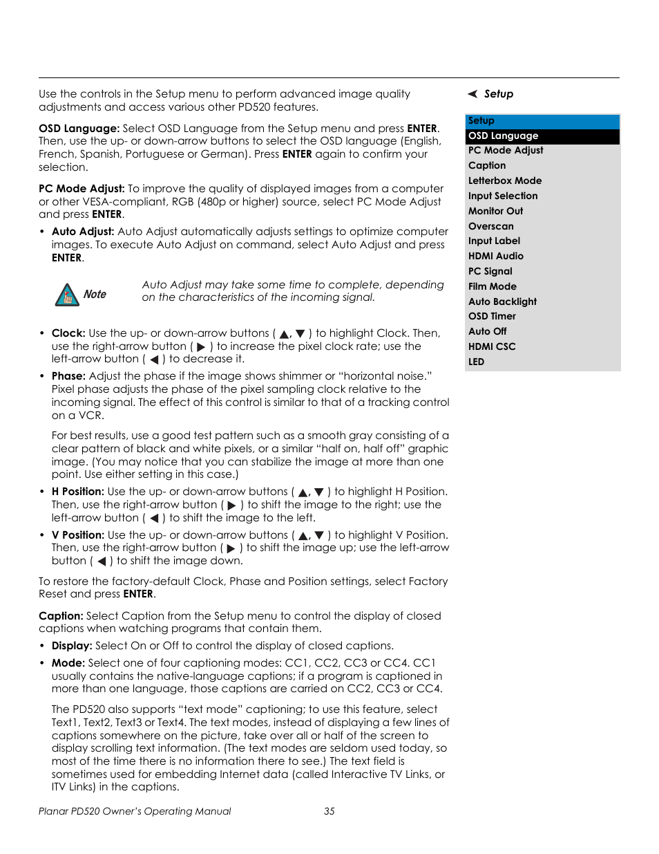 Setup, Osd language, Pc mode adjust | Caption, Prel imina ry | Planar FULL-HD PD520 User Manual | Page 47 / 66