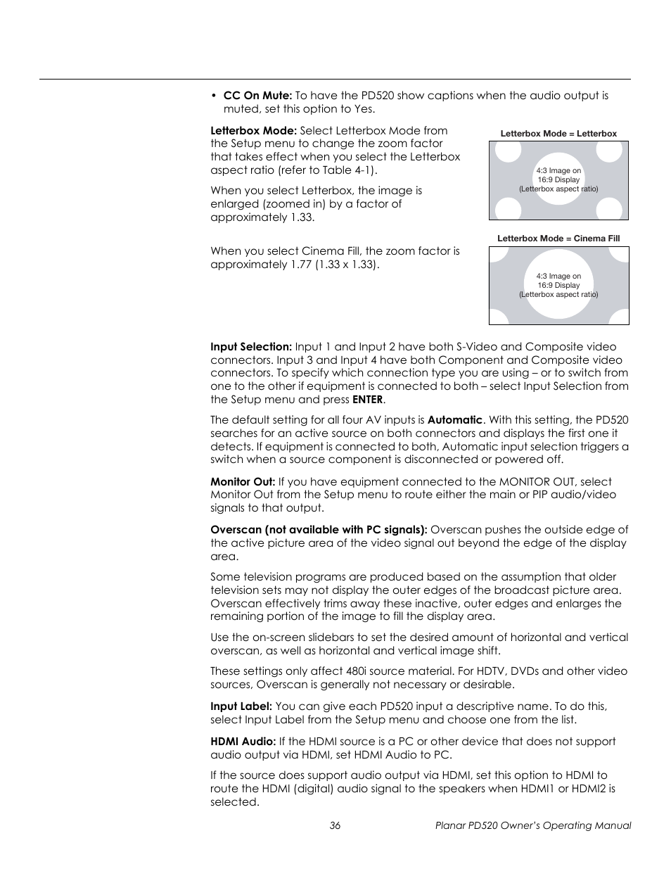 Letterbox mode, Input selection, Monitor out | Overscan (not available with pc signals), Input label, Hdmi audio, Prel imina ry | Planar FULL-HD PD520 User Manual | Page 48 / 66