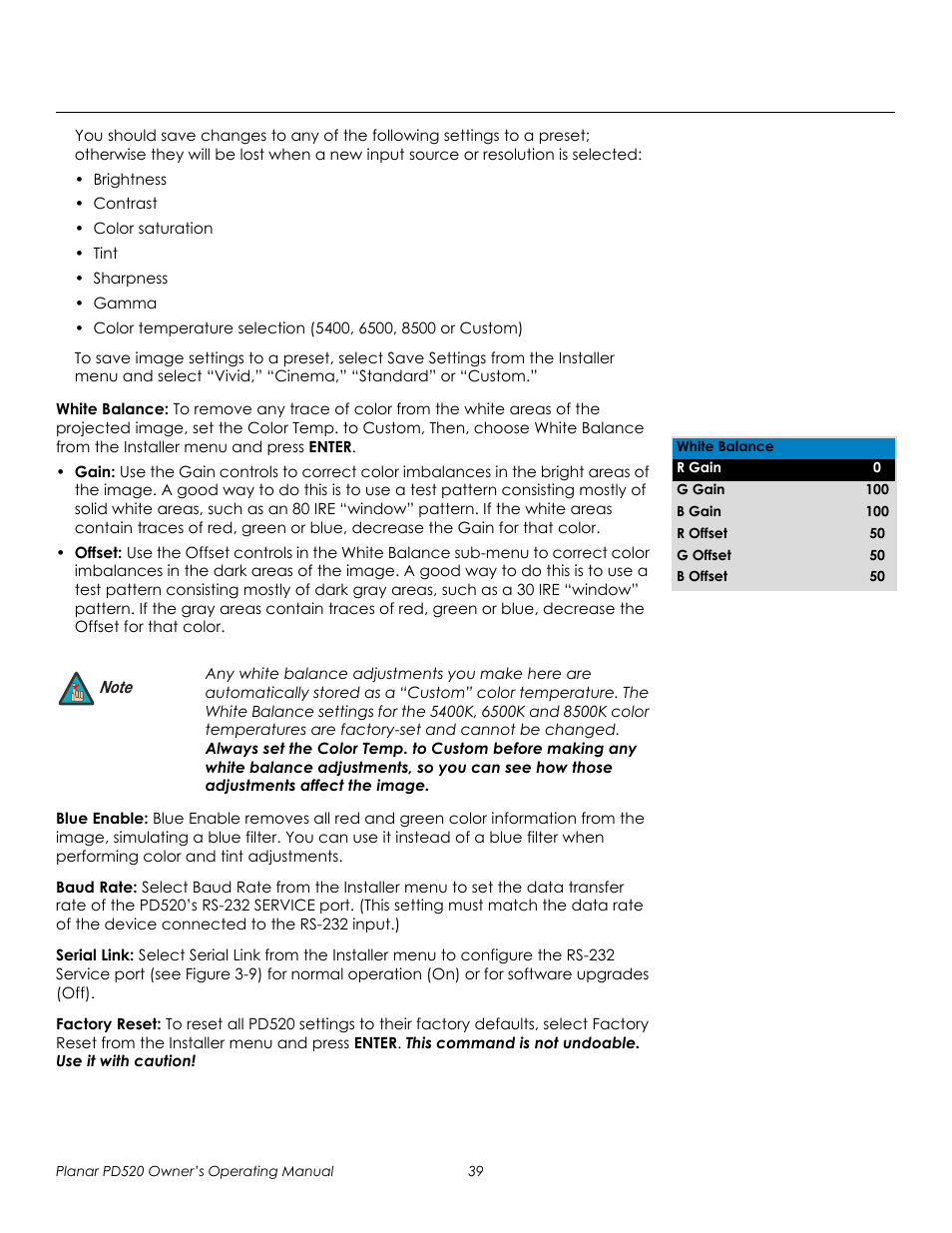 White balance, Blue enable, Baud rate | Serial link, Factory reset, Prel imina r y | Planar FULL-HD PD520 User Manual | Page 51 / 66