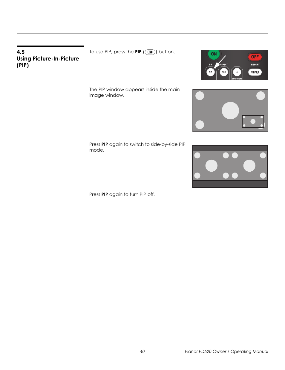 5 using picture-in-picture (pip), Using picture-in-picture (pip), Prel imina ry | Planar FULL-HD PD520 User Manual | Page 52 / 66