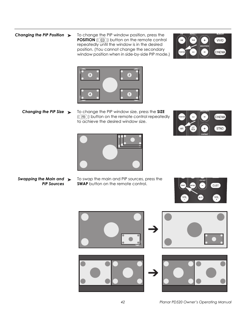 Changing the pip position, Changing the pip size, Swapping the main and pip sources | Prel imina ry | Planar FULL-HD PD520 User Manual | Page 54 / 66
