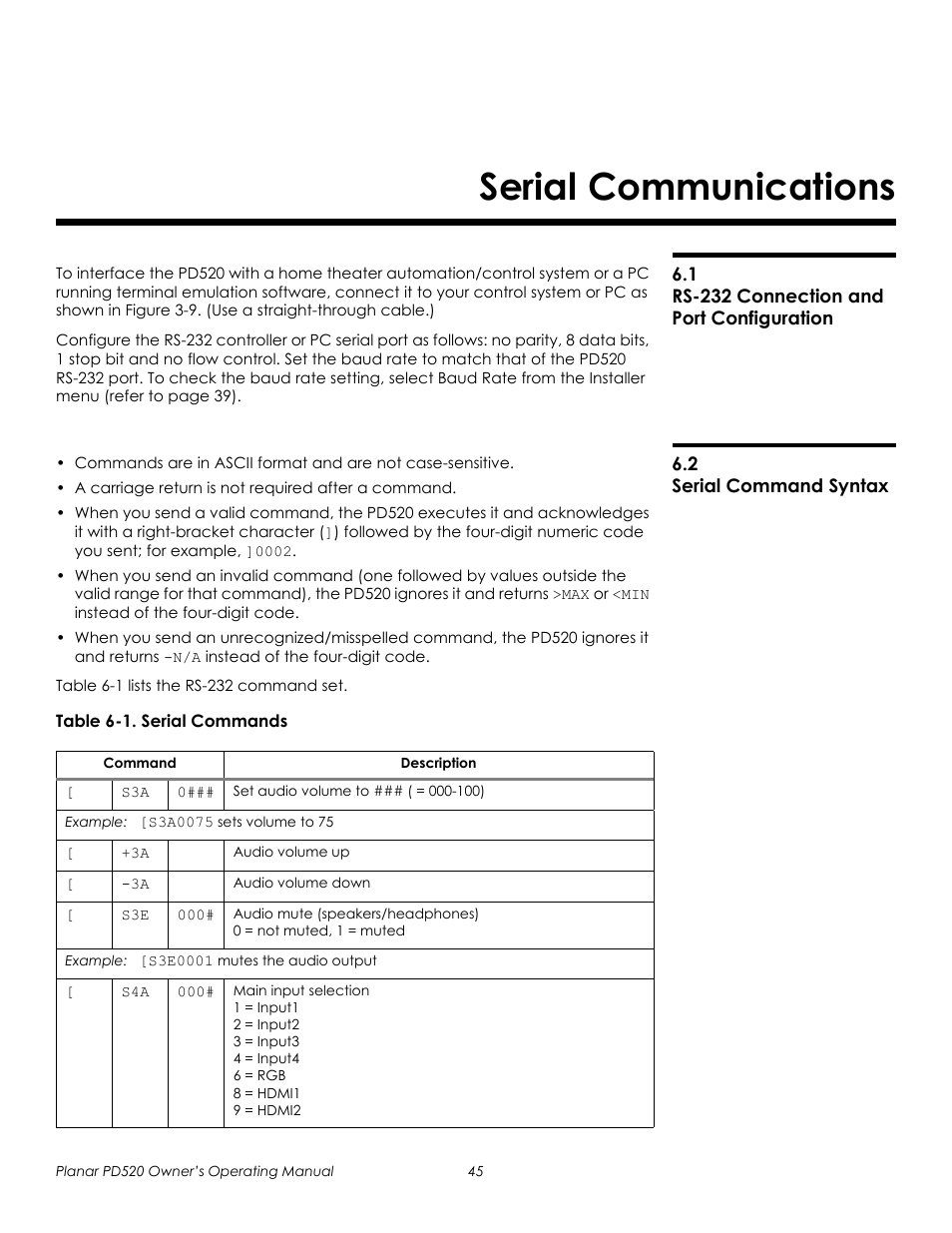 Serial communications, 1 rs-232 connection and port configuration, 2 serial command syntax | Table 6-1 . serial commands, Prel imina ry | Planar FULL-HD PD520 User Manual | Page 57 / 66