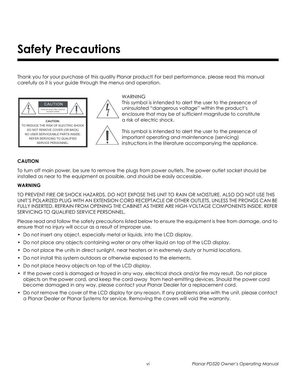 Safety precautions, Prel imina ry | Planar FULL-HD PD520 User Manual | Page 6 / 66