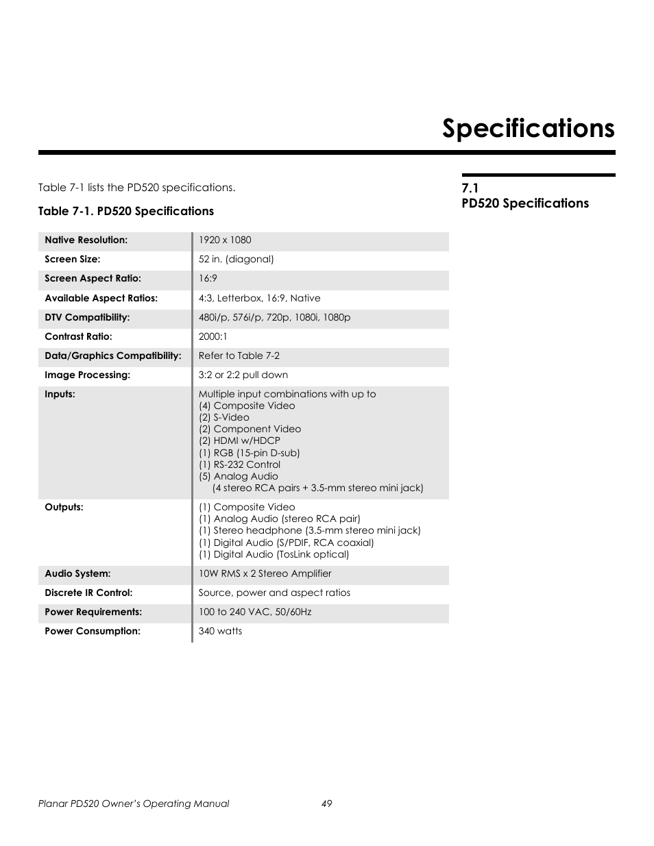 Specifications, 1 pd520 specifications, Table 7-1 . pd520 specifications | Pd520 specifications, Prel imina ry | Planar FULL-HD PD520 User Manual | Page 61 / 66