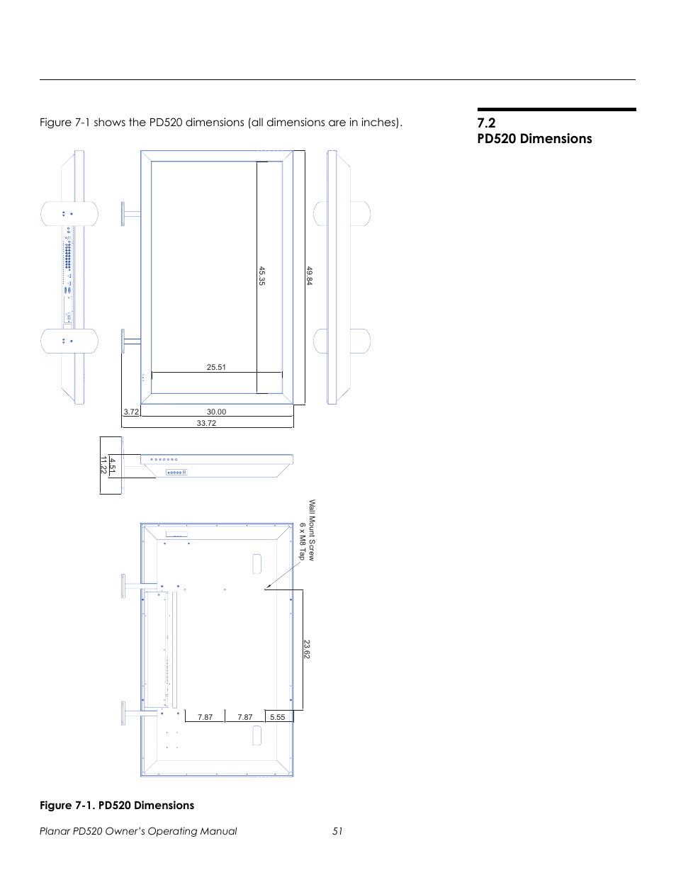 2 pd520 dimensions, Figure 7-1 . pd520 dimensions, Pd520 dimensions | 1. pd520 dimensions, Prel imina ry | Planar FULL-HD PD520 User Manual | Page 63 / 66