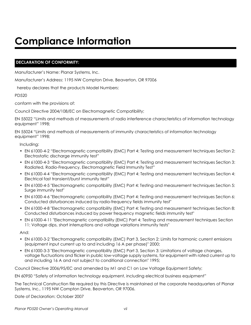 Compliance information, Prel imina ry | Planar FULL-HD PD520 User Manual | Page 7 / 66