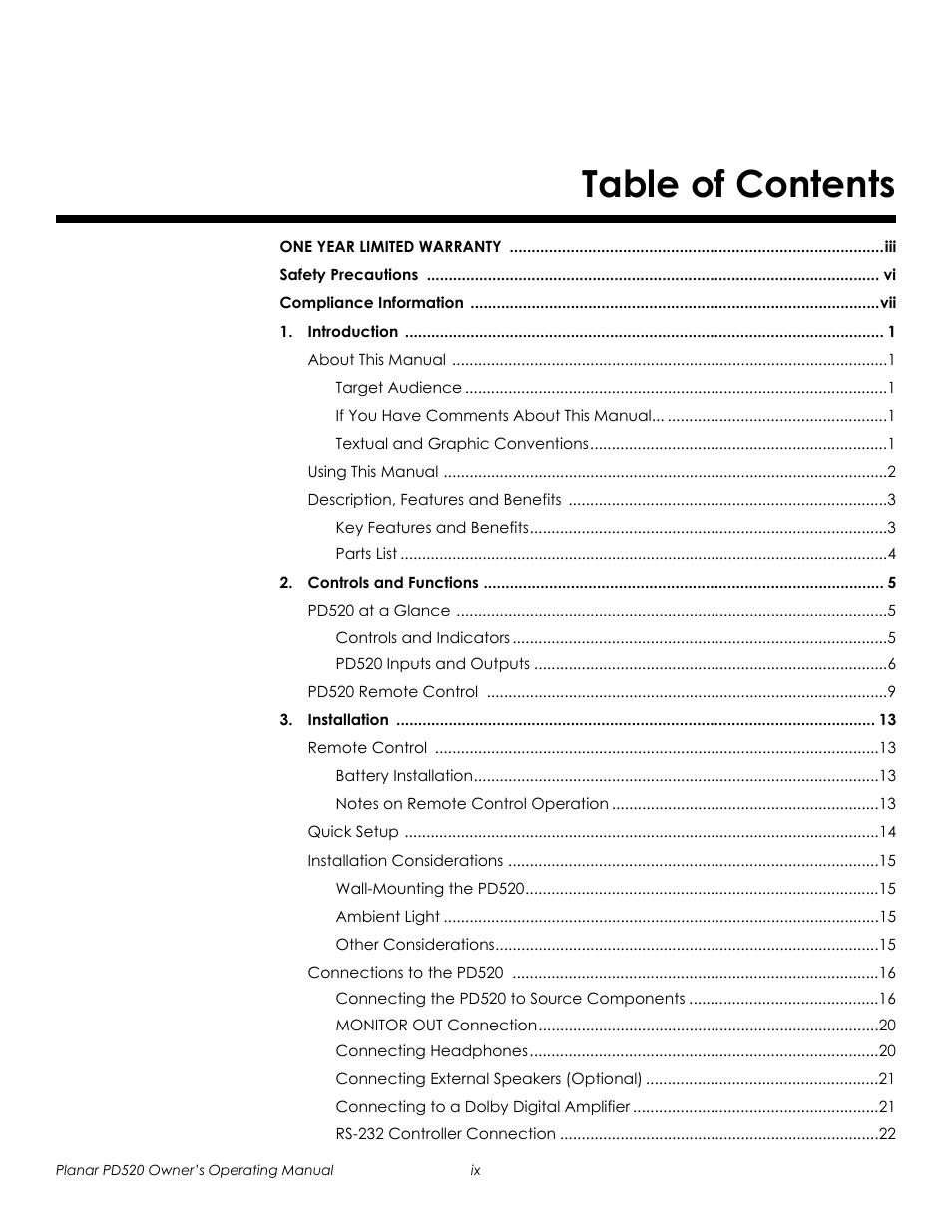 Planar FULL-HD PD520 User Manual | Page 9 / 66