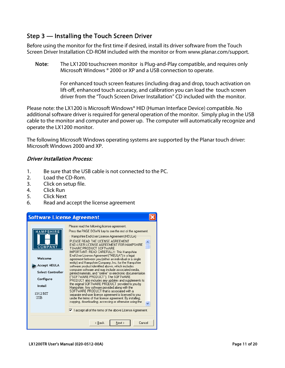 Step 3 — installing the touch screen driver | Planar LX1200TR User Manual | Page 11 / 20