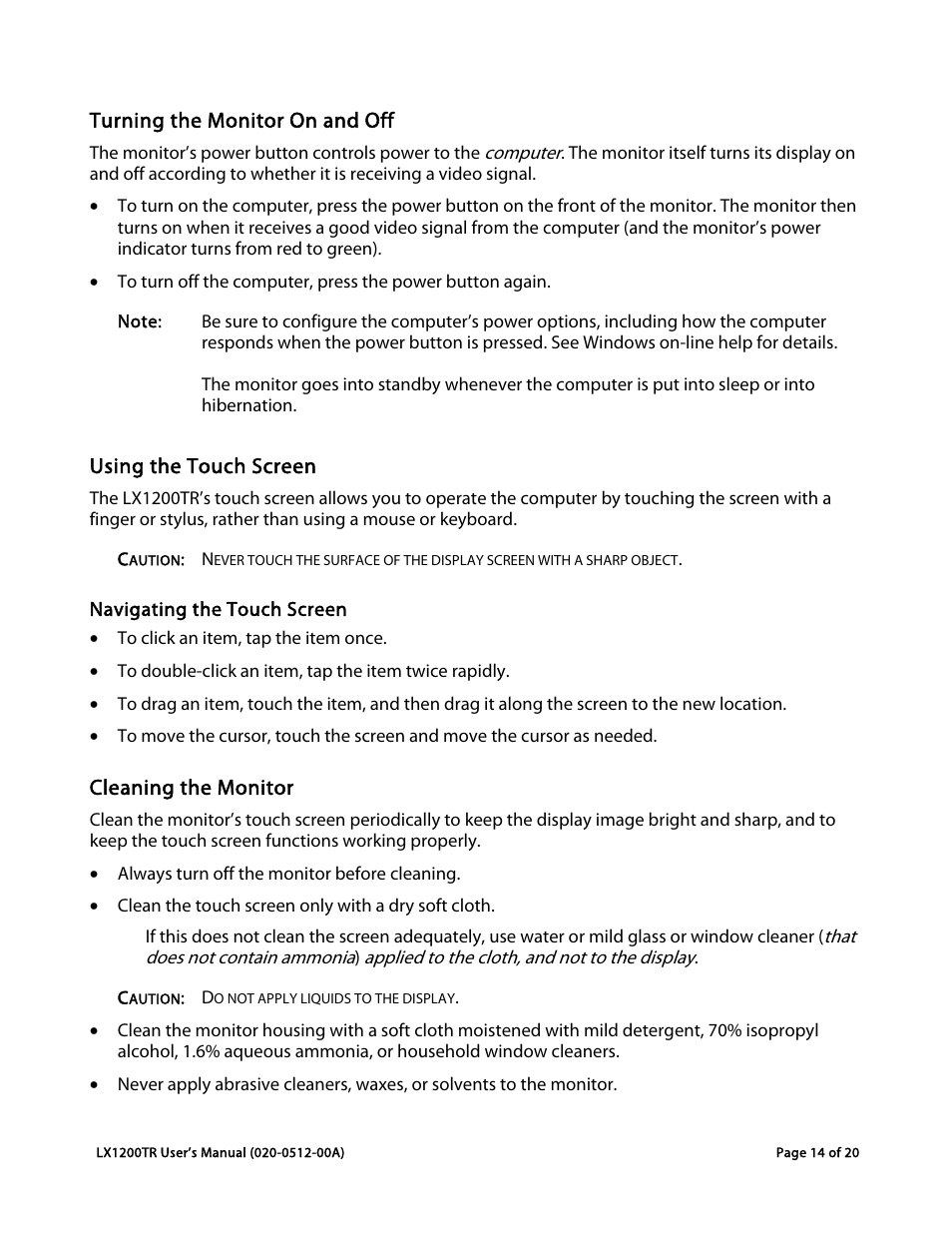 Turning the monitor on and off, Using the touch screen, Cleaning the monitor | Planar LX1200TR User Manual | Page 14 / 20
