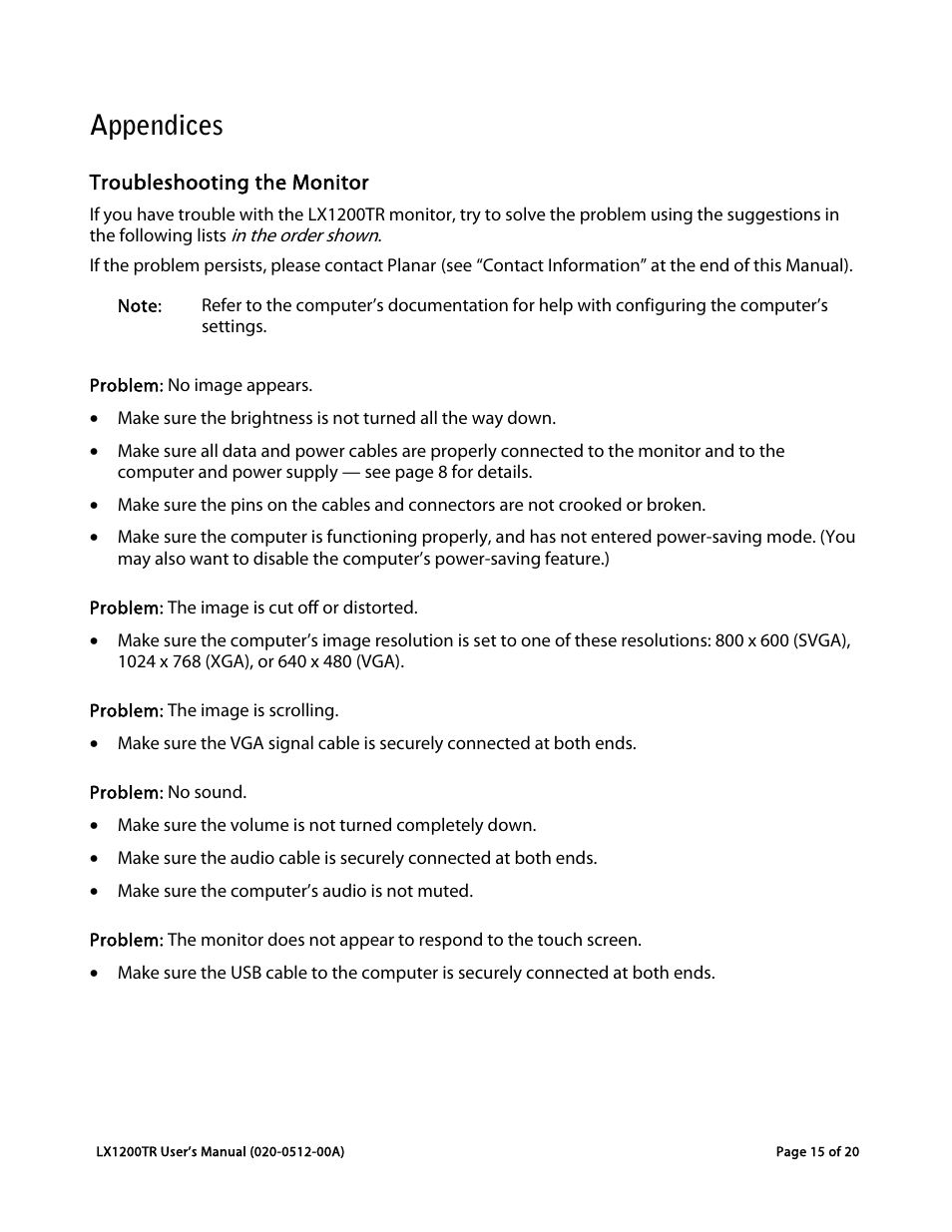 Appendices | Planar LX1200TR User Manual | Page 15 / 20