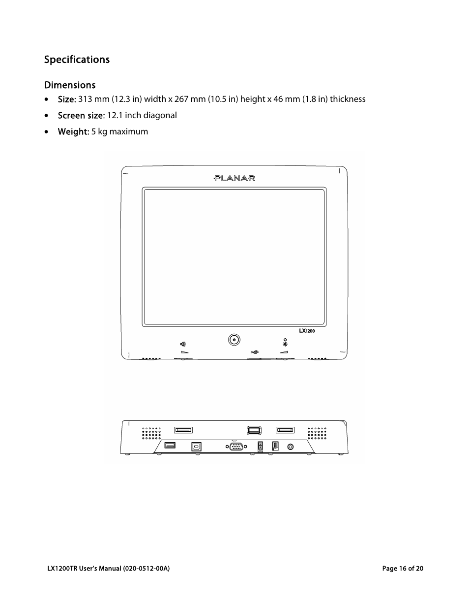 Specifications, Dimensions | Planar LX1200TR User Manual | Page 16 / 20